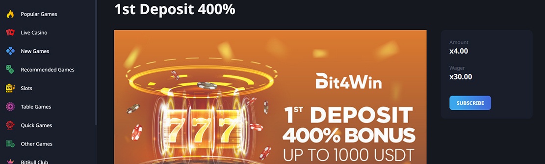 Bit4Win Casino – Claim up to $3000 Welcome Match Bonus on First Three Deposits