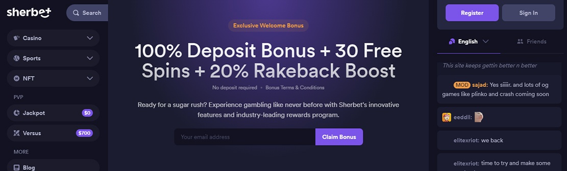 Sherbet Casino – Claim 30 No Deposit Free Spins